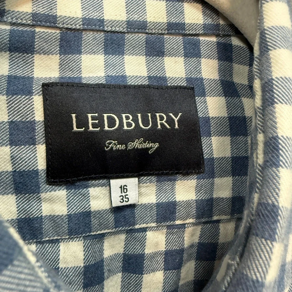 Ledbury Dress Shirt Mens 16 35 Blue Gingham Check Cotton Spread Collar Button Up